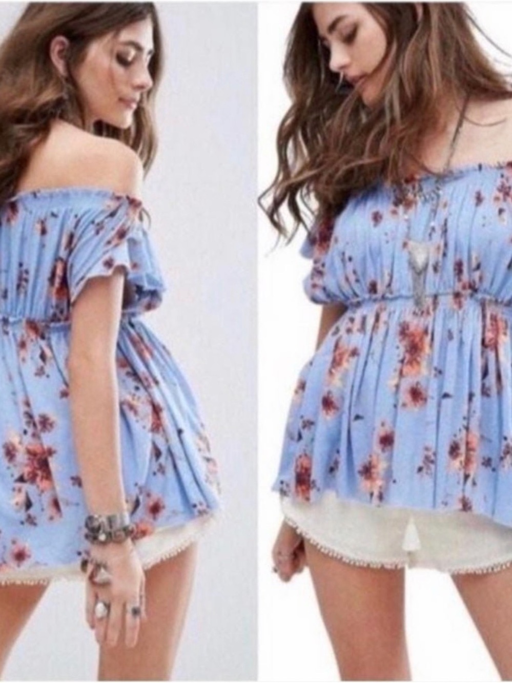 Free People Light Blue Floral Off-Shoulder Tunic
